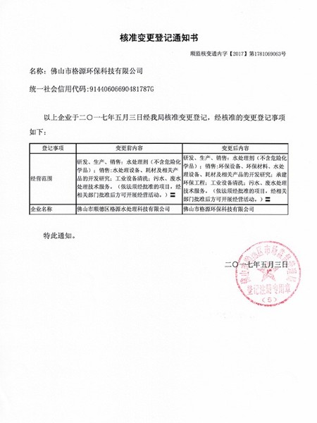 格源环保变更登记通知书